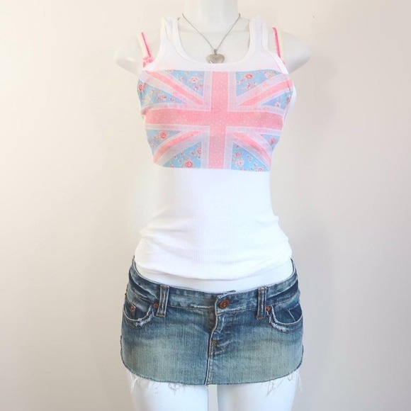 Tops - y2k union jack floral graphic tank top ribbed fitted cami